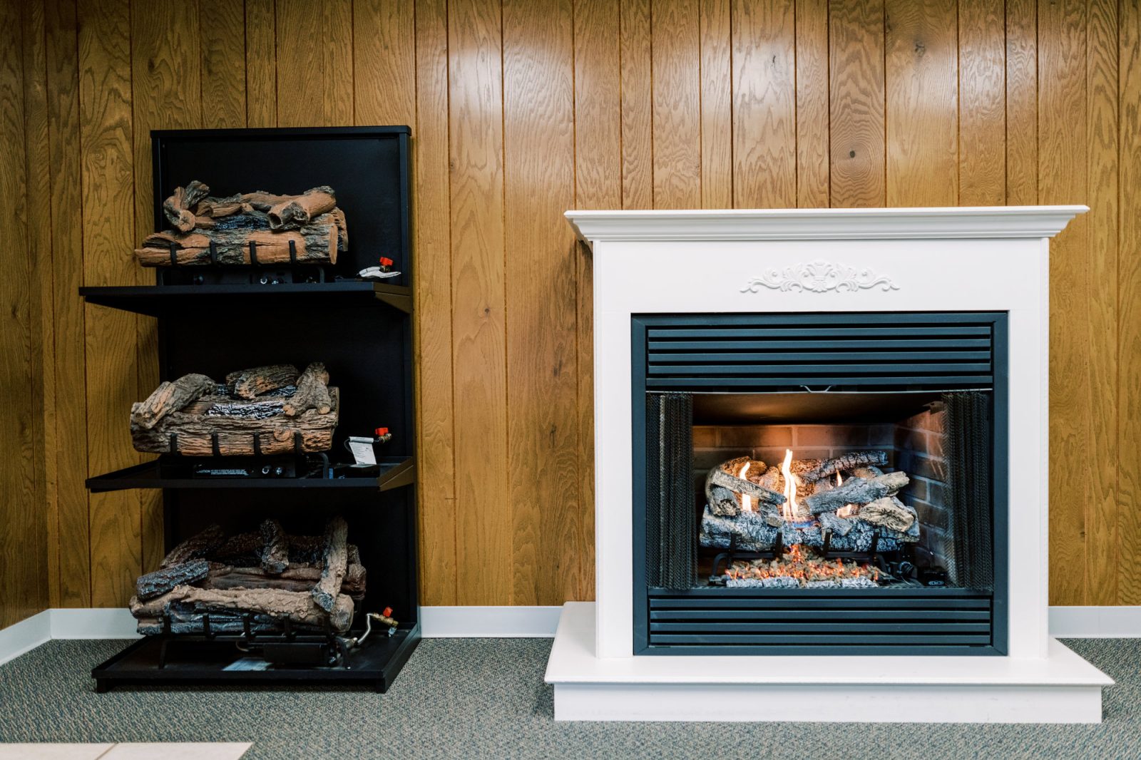 display of fireplace and gas log sets