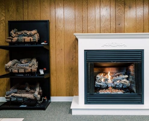 Gas fireplace sets at the Euliss Propane showroom in Liberty, North Carolina.